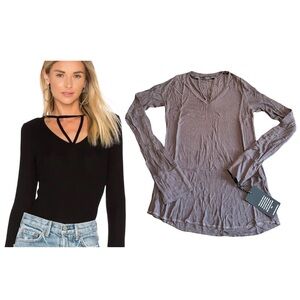 Michael Lauren Damaris Cut Out Top In Brown Size XS Fitted Long Sleeve Ribbed